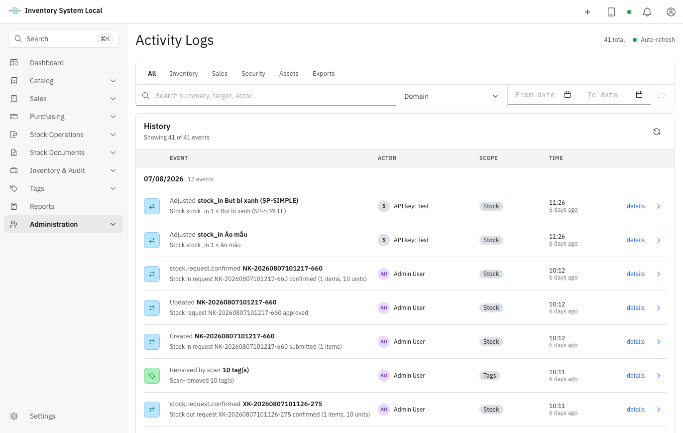 Activity log used for troubleshooting