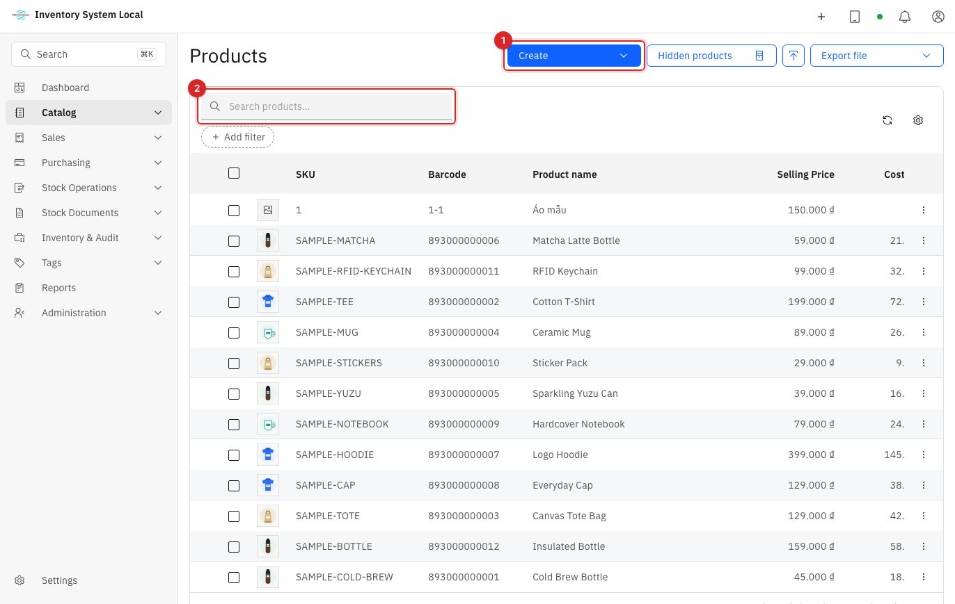 Create button and search box on the products screen