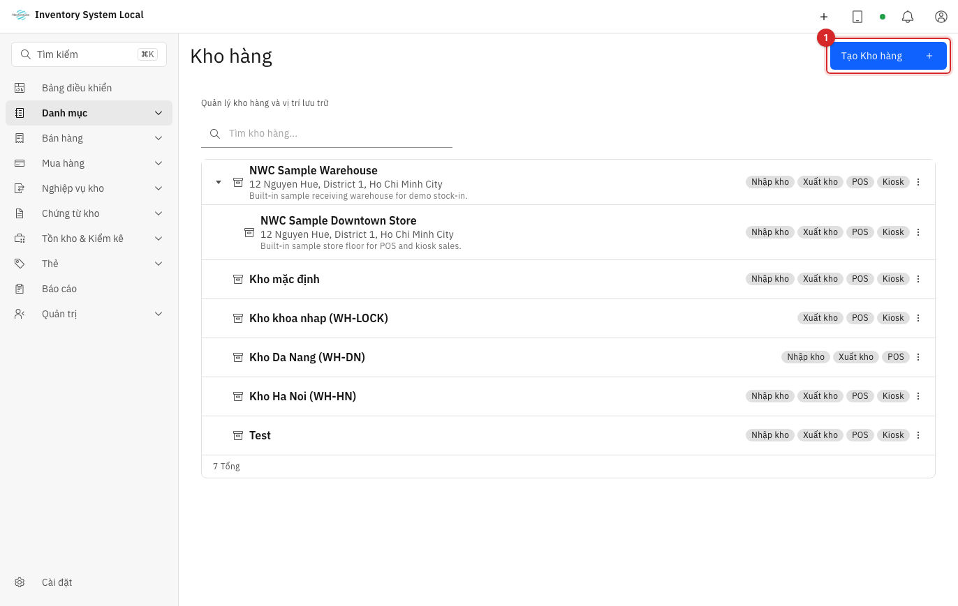 Nút tạo kho hàng