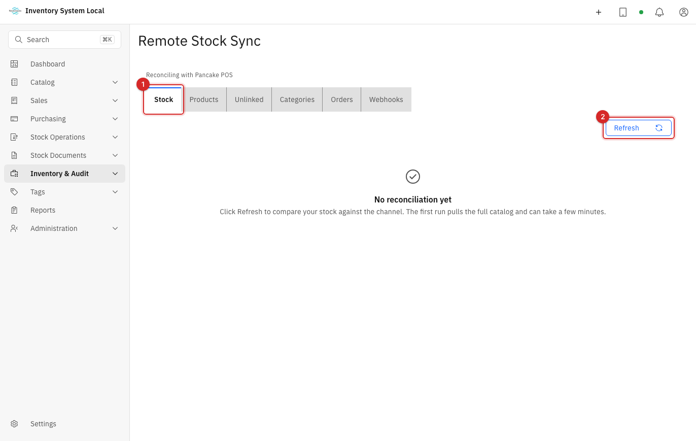 Tabs and refresh button on the remote sync screen
