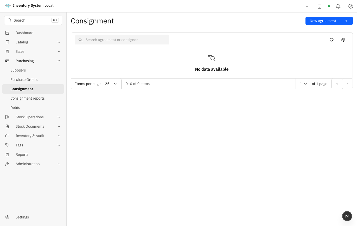 Consignment screen