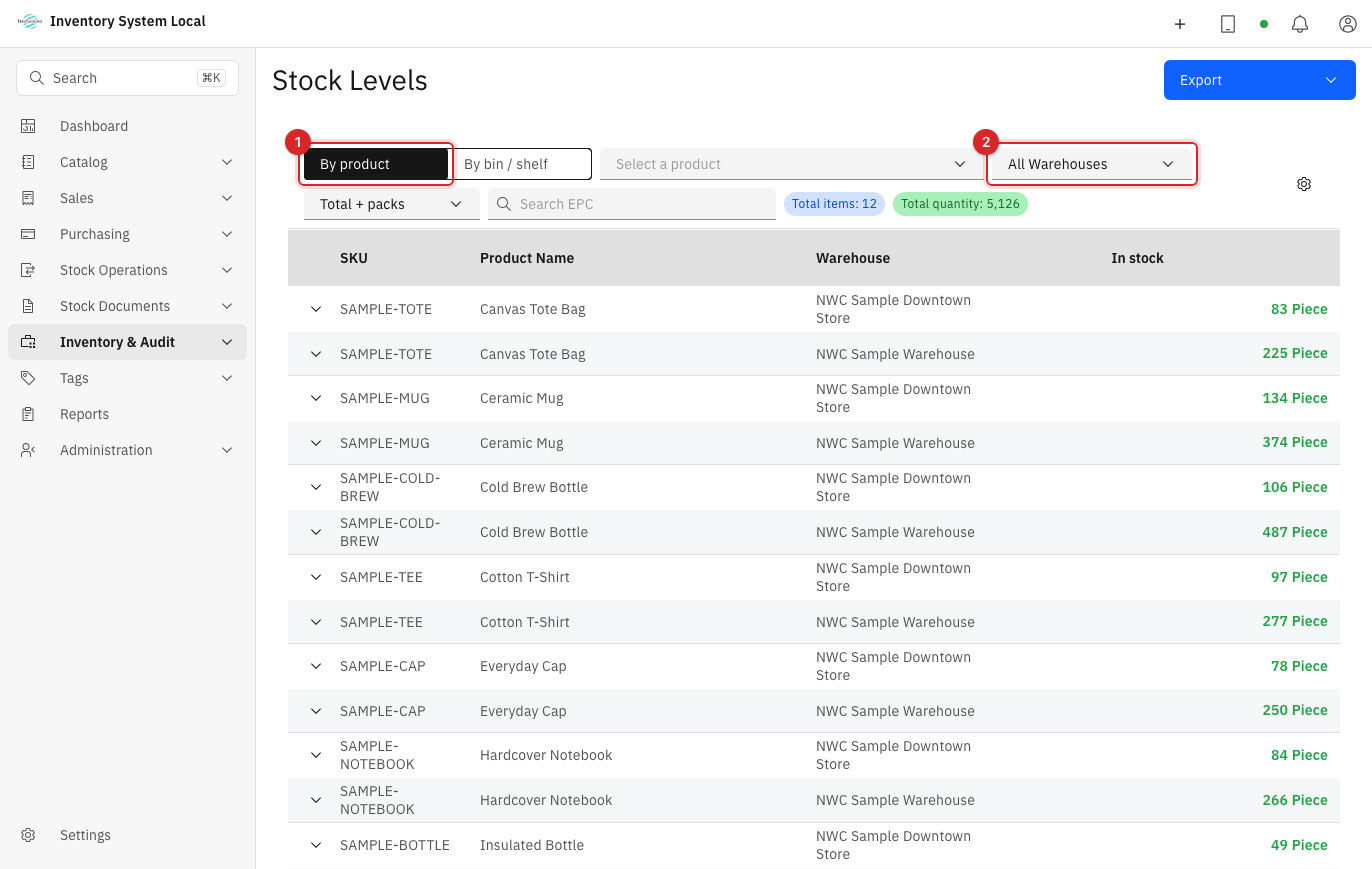 Reviewing stock by product and by warehouse