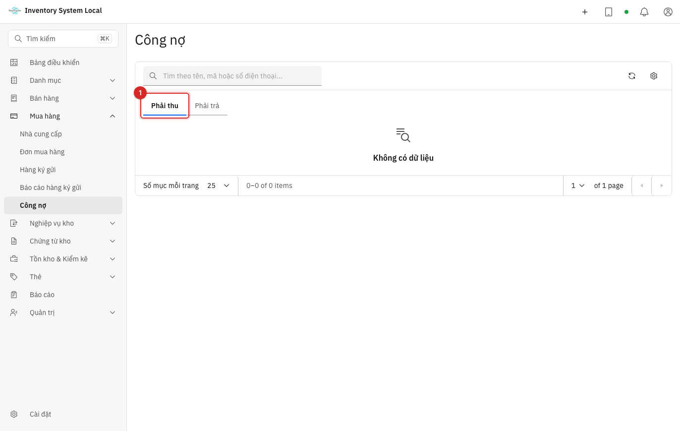 Các tab công nợ