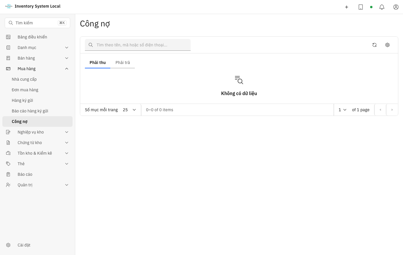 Màn hình quản lý công nợ