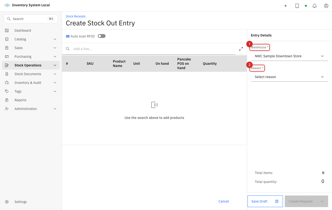 Choosing the source warehouse and issue reason