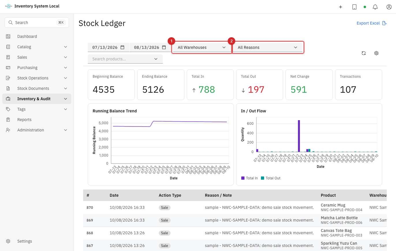 Filtering the ledger by warehouse and reason