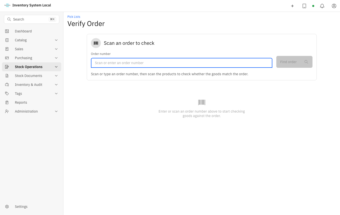 Verify Order screen