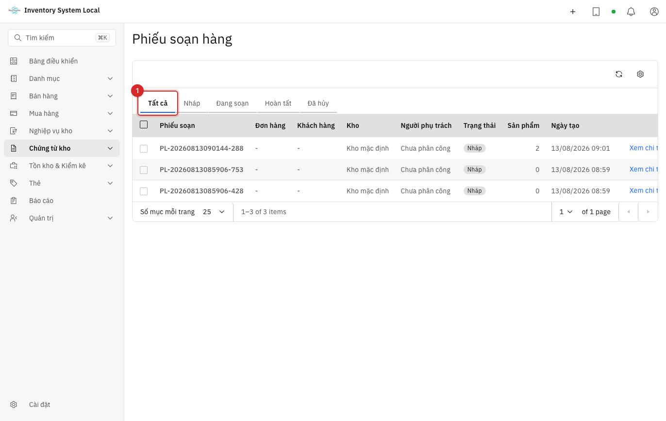 Danh sách phiếu soạn hàng