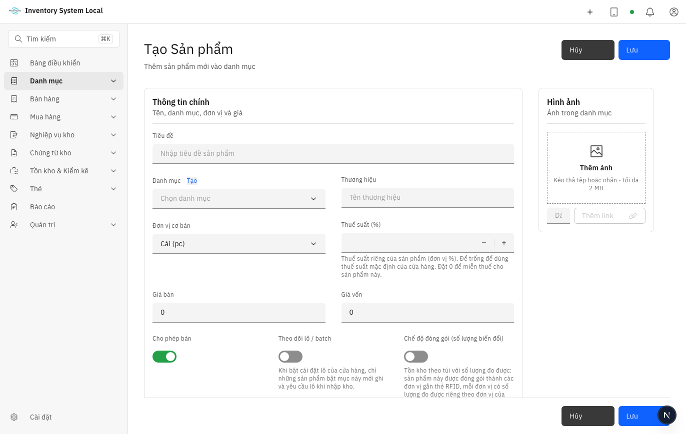 Form tạo sản phẩm mới