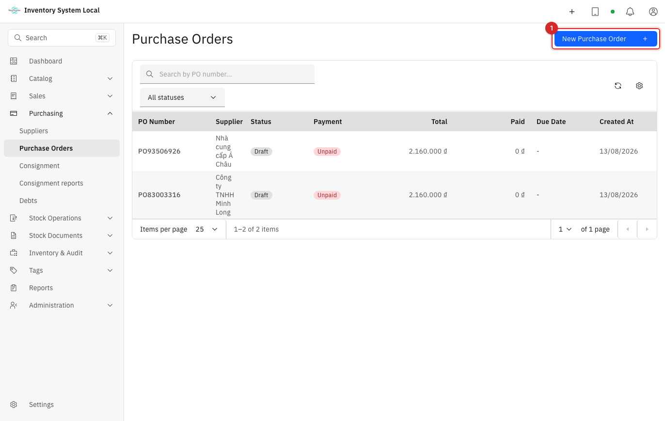 Creating a purchase order