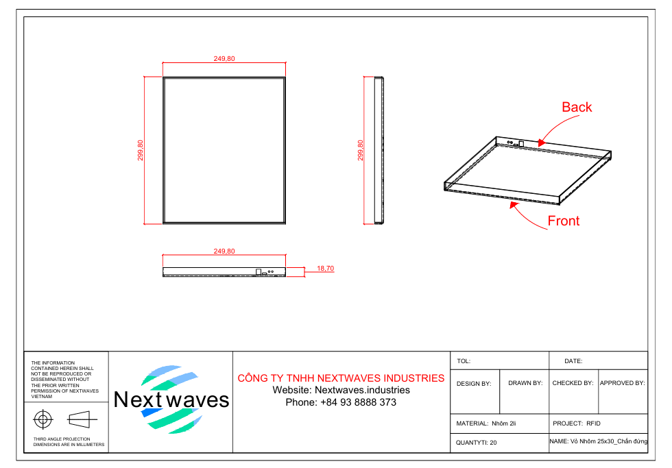 Bản vẽ kỹ thuật đầu đọc RD-W-CFN2-302501: mặt trên, mặt bên và hình chiếu 3D
