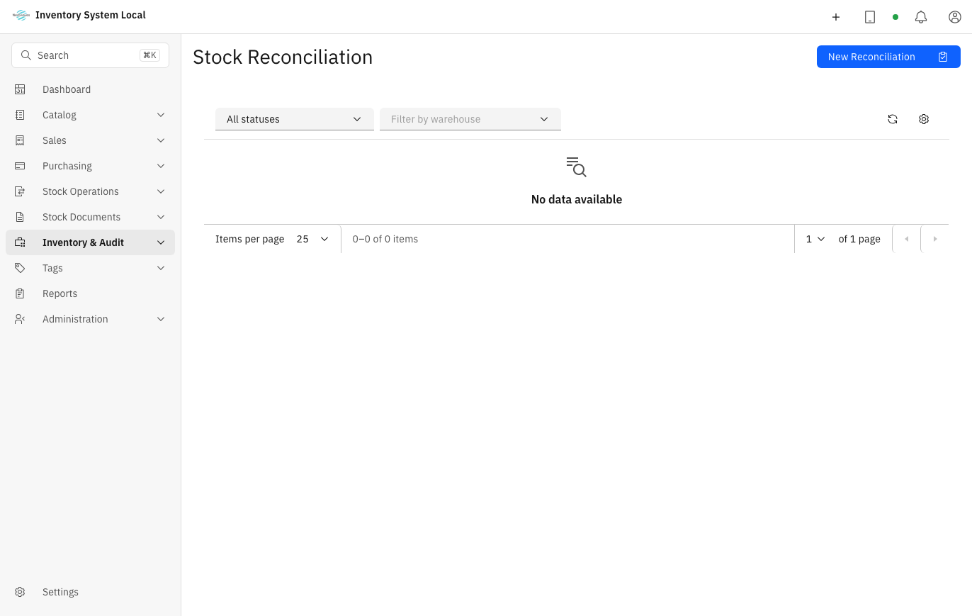 Stock reconciliation screen