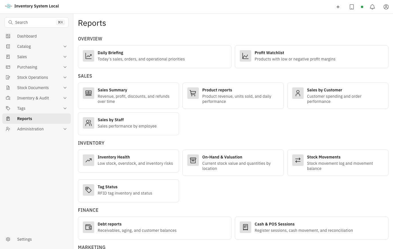 Reports screen