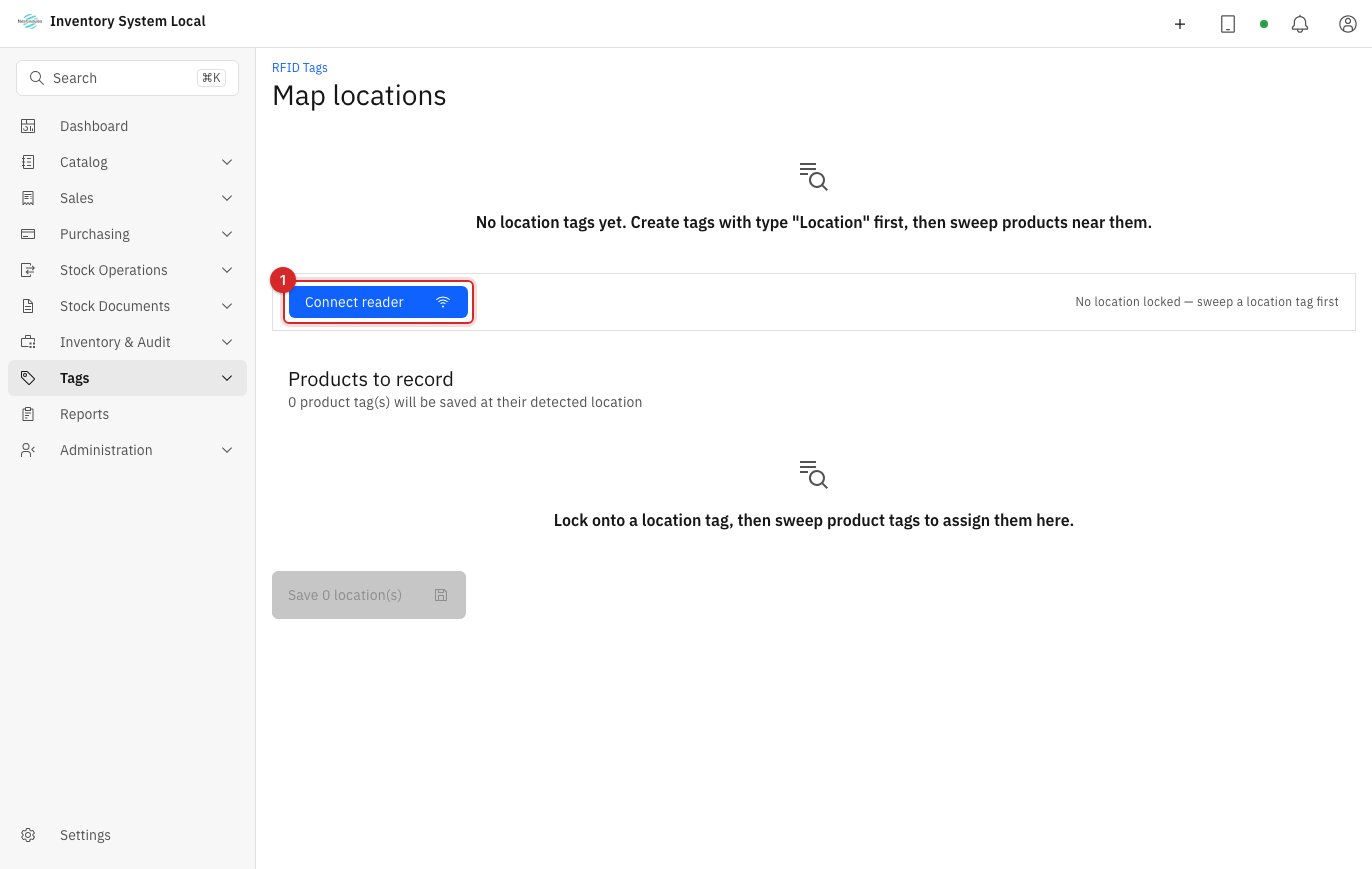 Connecting a reader on the location mapping screen