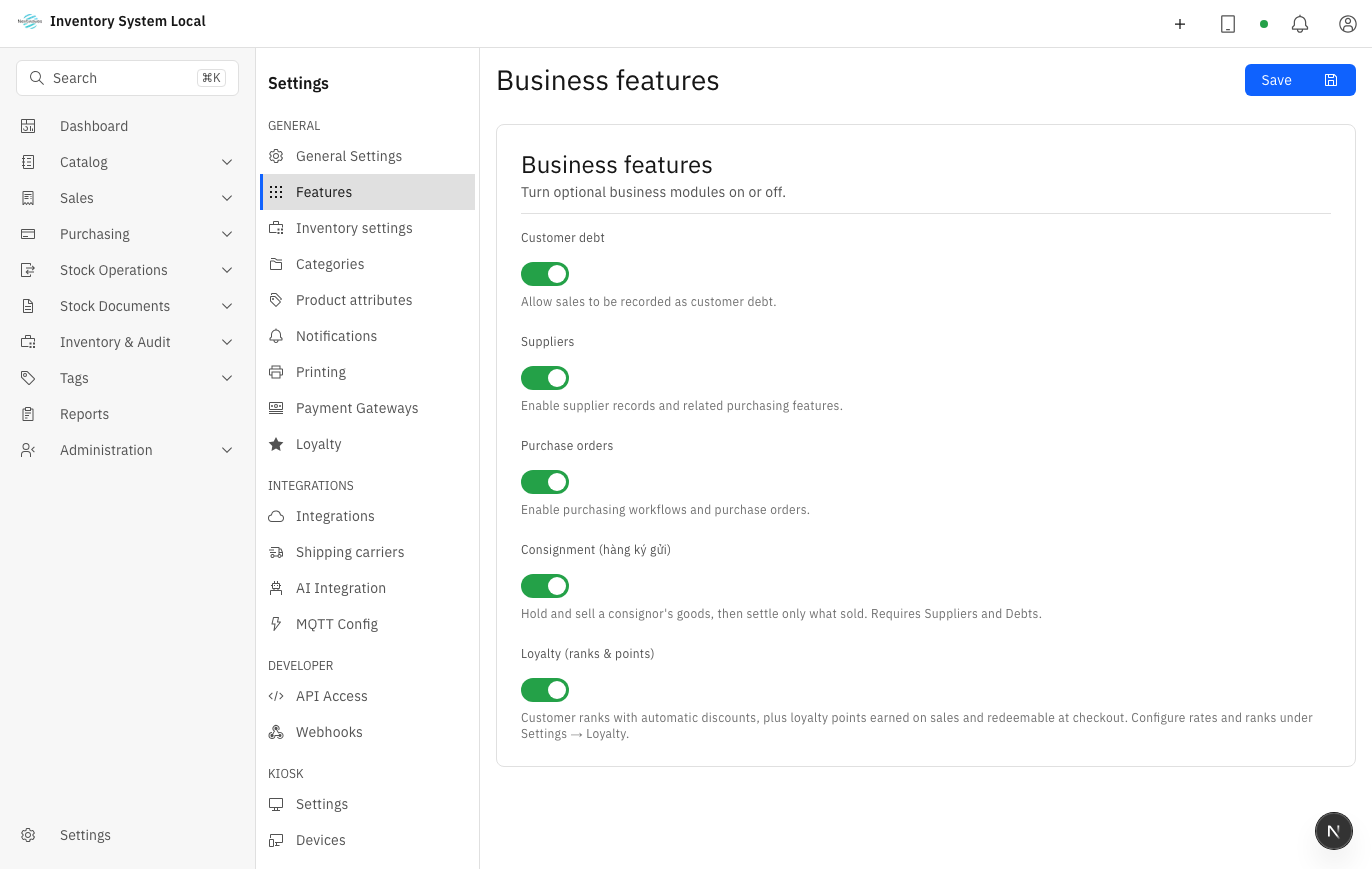 Features screen