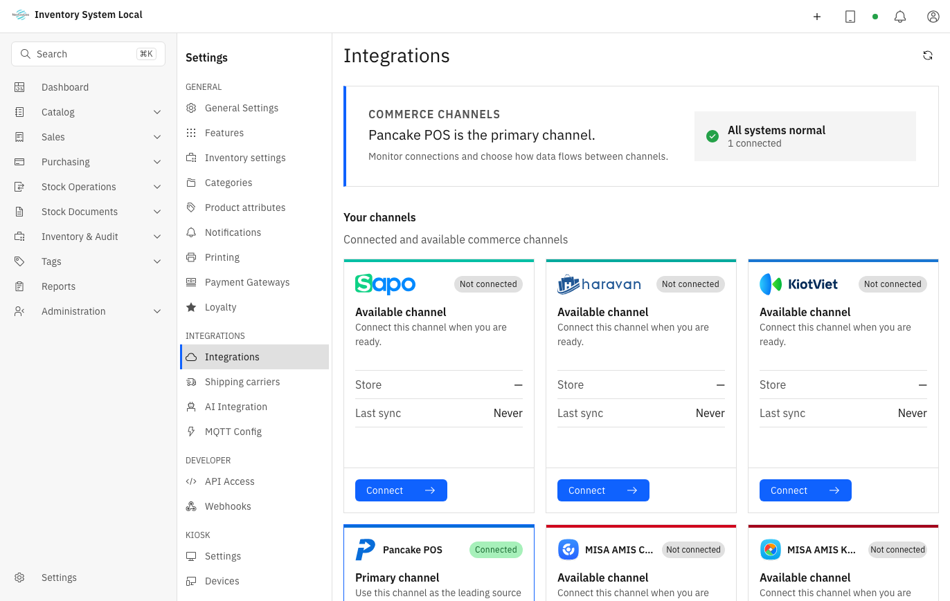 Integrations screen