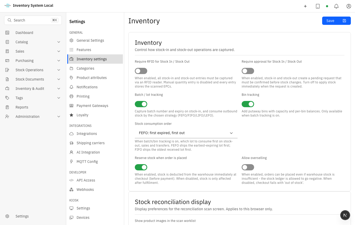 Inventory settings