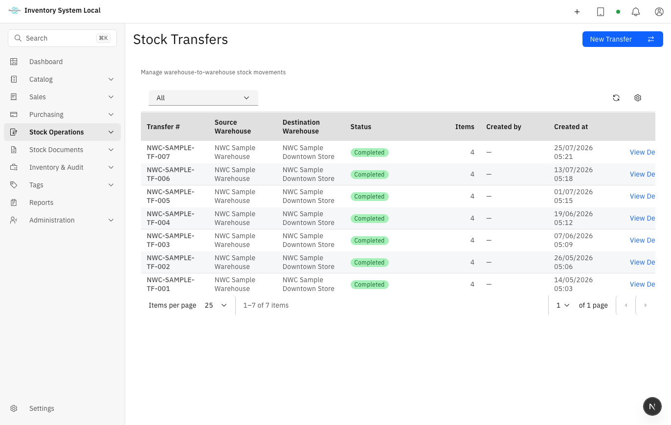 Stock transfers screen