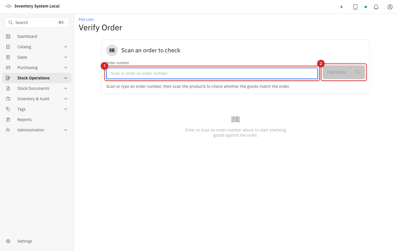 Entering the order number